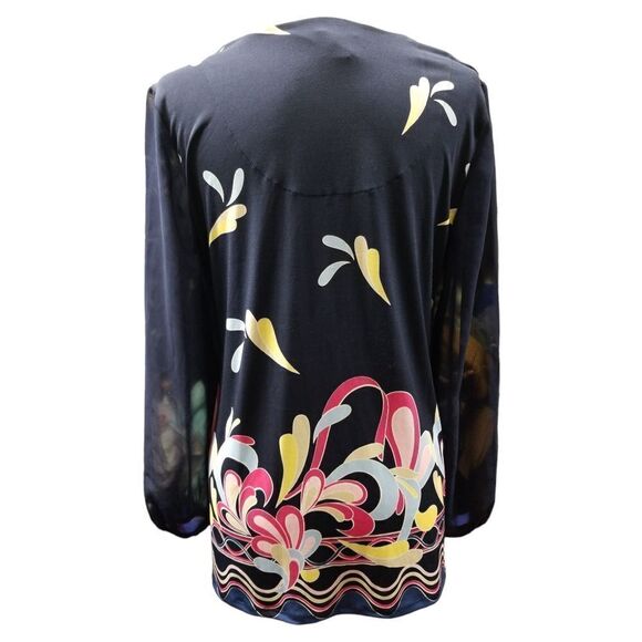 JM Collection Border Print Split Neckline Long Sheer Sleeves Medium - Picture 3 of 8